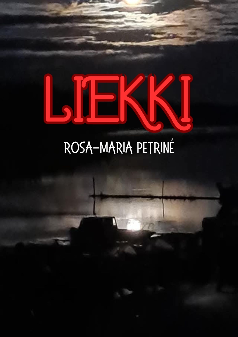 Liekki book cover - A dark atmospheric scene with red neon title